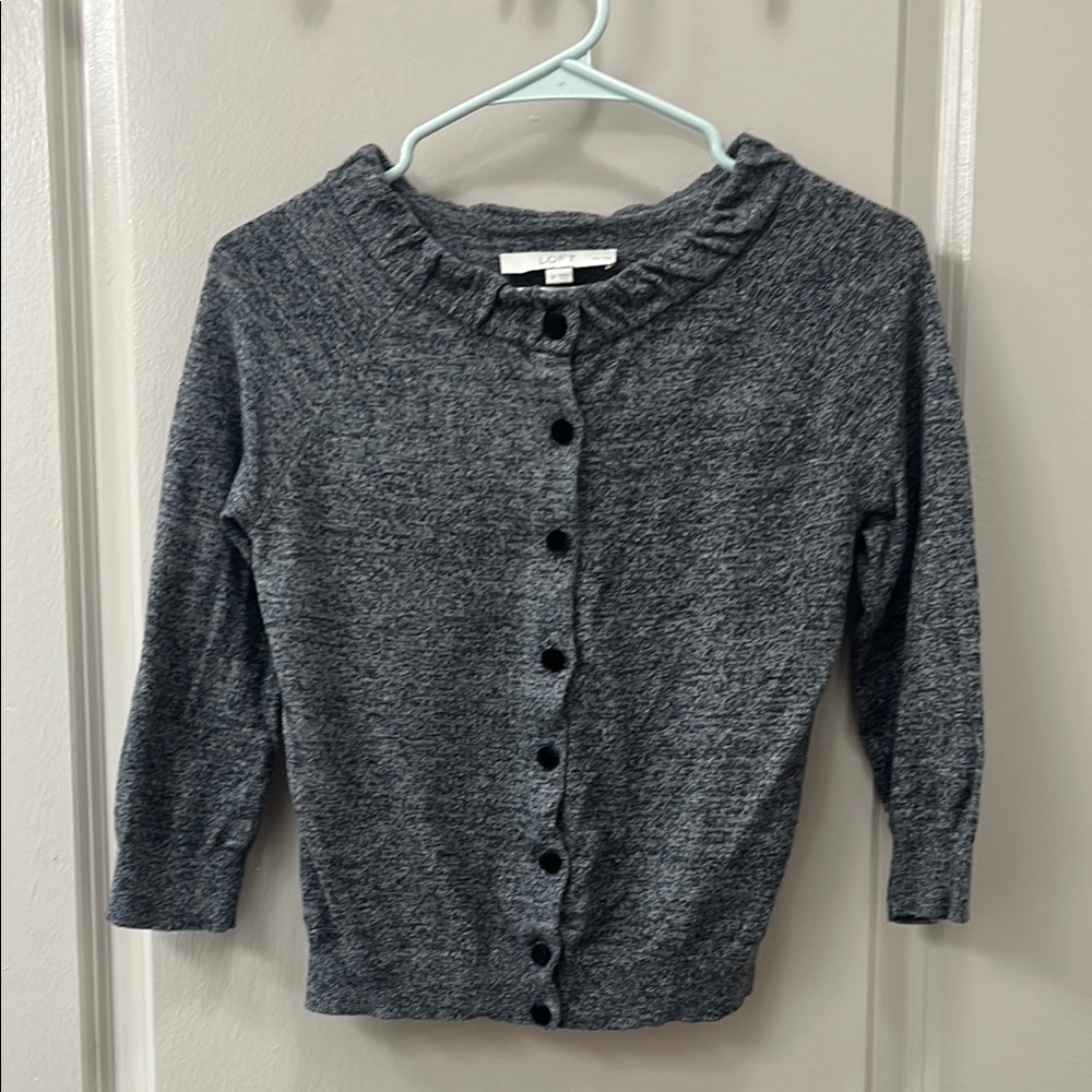 LOFT Gray Cardigan with Ruffled Neckline and black felt buttons